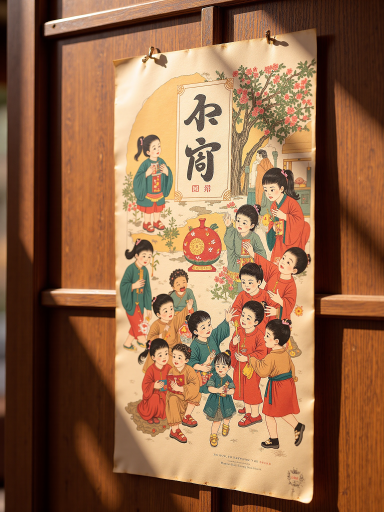 农历新年庆祝活动现场，人们穿着传统服装参与各种活动，背景有红色灯笼和装饰，充满节日气氛，明亮自然光